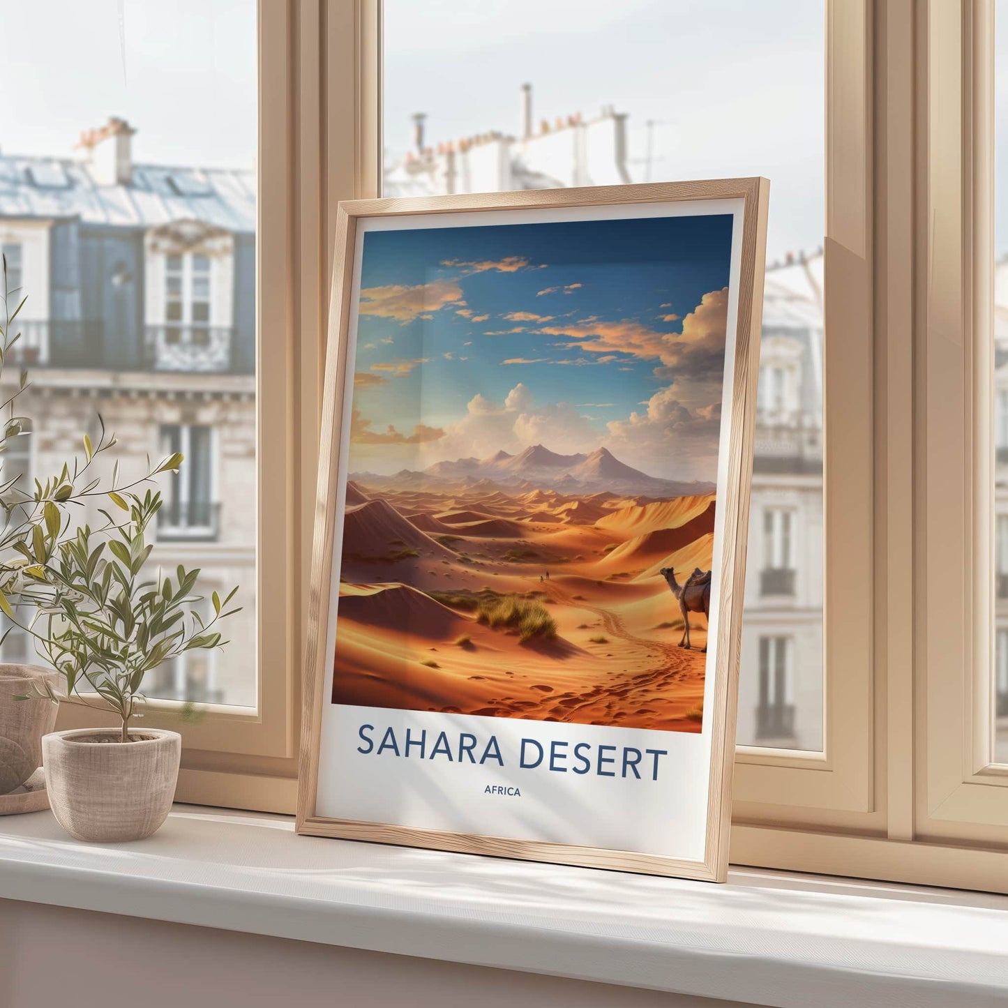 Sahara Desert Poster - Africa Travel Art - Sunset Camel Ride Home Decor