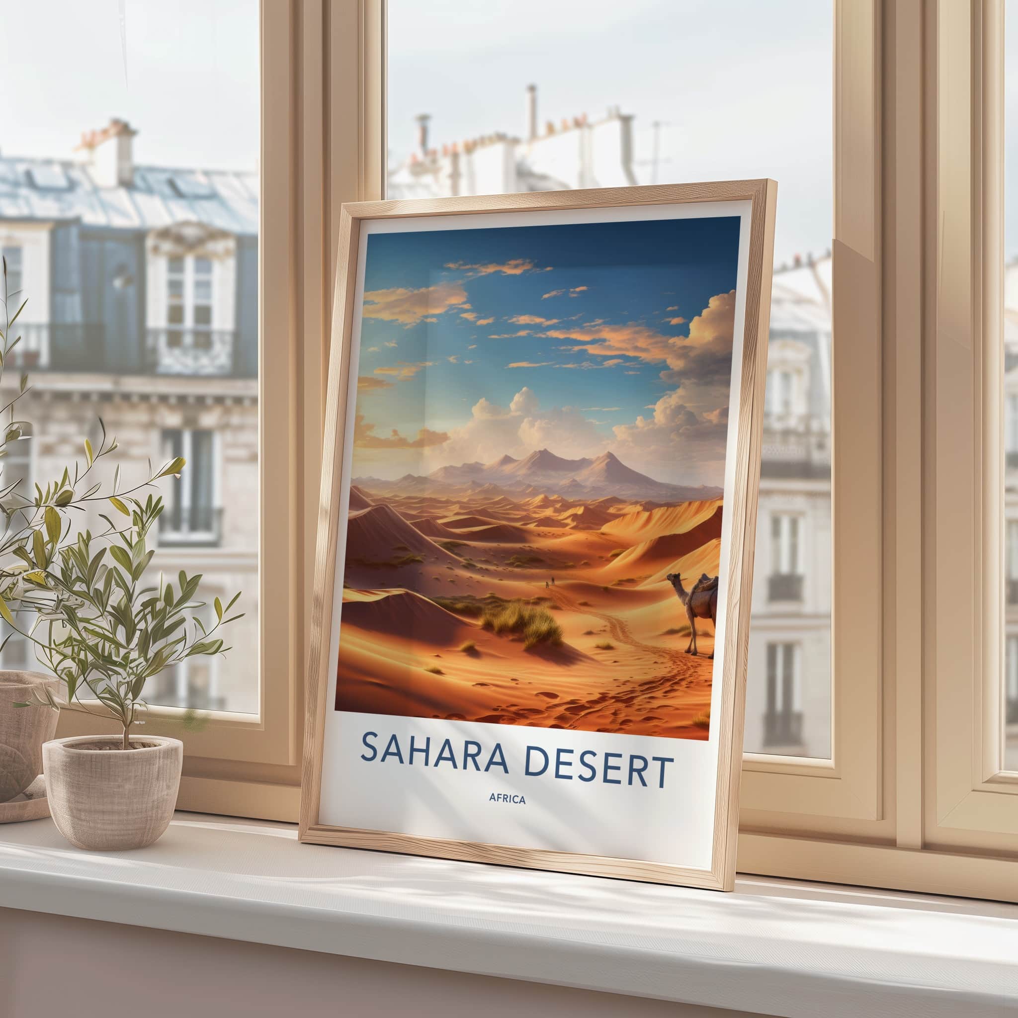 Sahara Desert Poster - Africa Travel Art - Sunset Camel Ride Home Decor