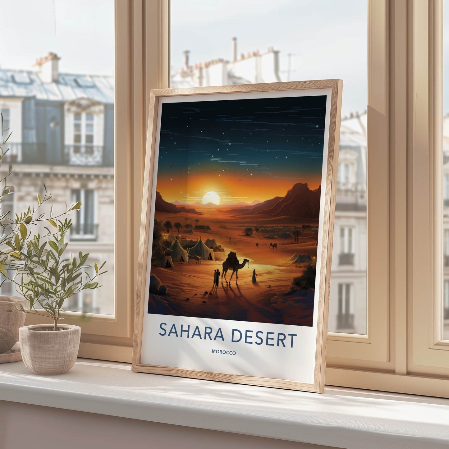 Sahara Desert Poster - Morocco Travel Art - Desert Camp Sunset Home Decor