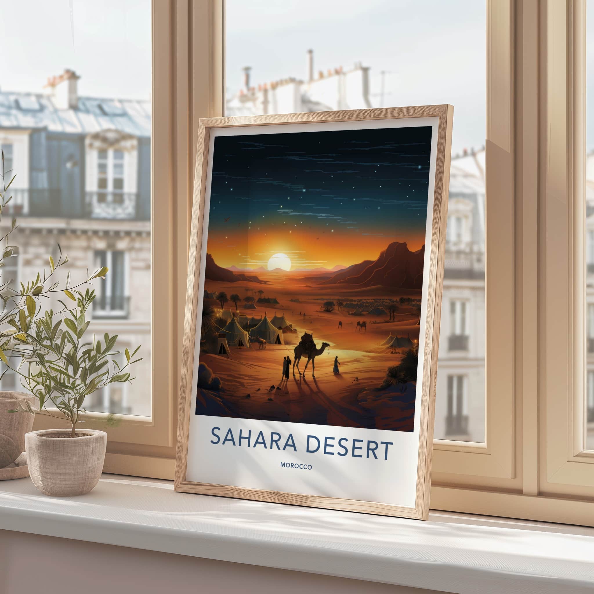 Sahara Desert Poster - Morocco Travel Art - Desert Camp Sunset Home Decor