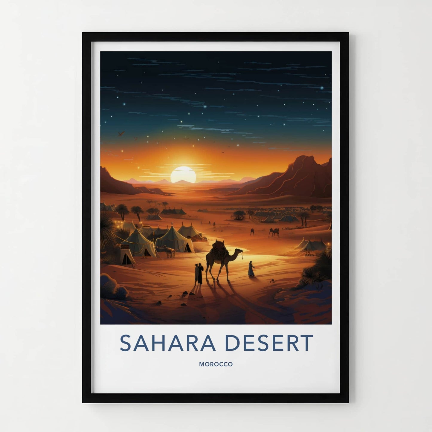 Sahara Desert Poster - Morocco Travel Art - Desert Camp Sunset Home Decor