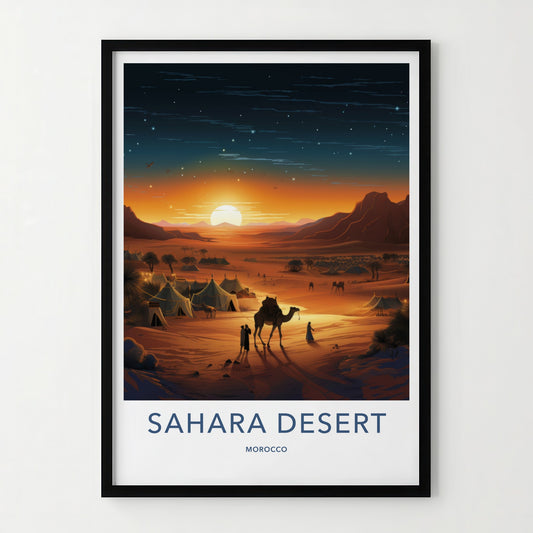 Sahara Desert Poster - Morocco Travel Art - Desert Camp Sunset Home Decor