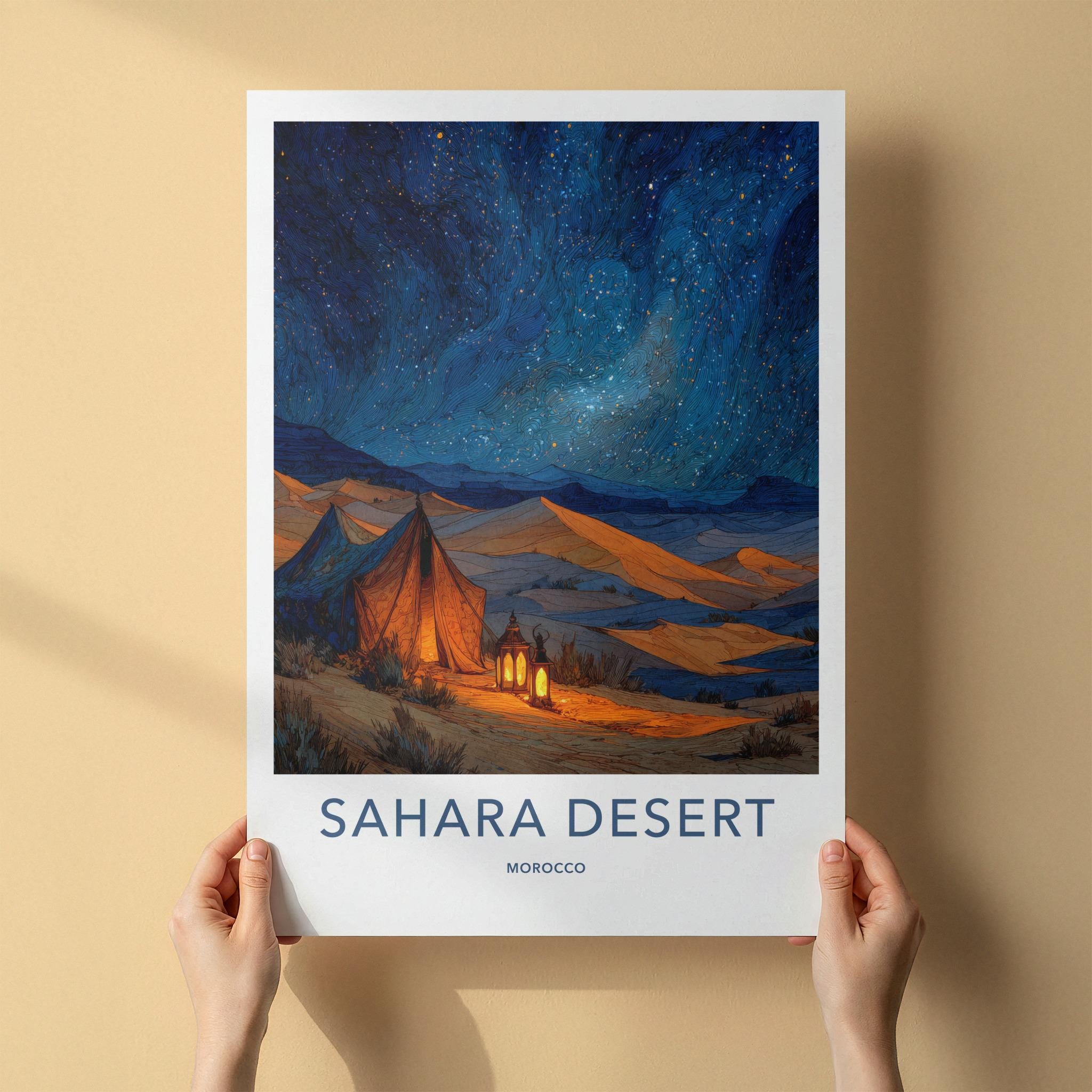 Sahara Desert Poster - Morocco Travel Art - Desert Starry Night Home Decor