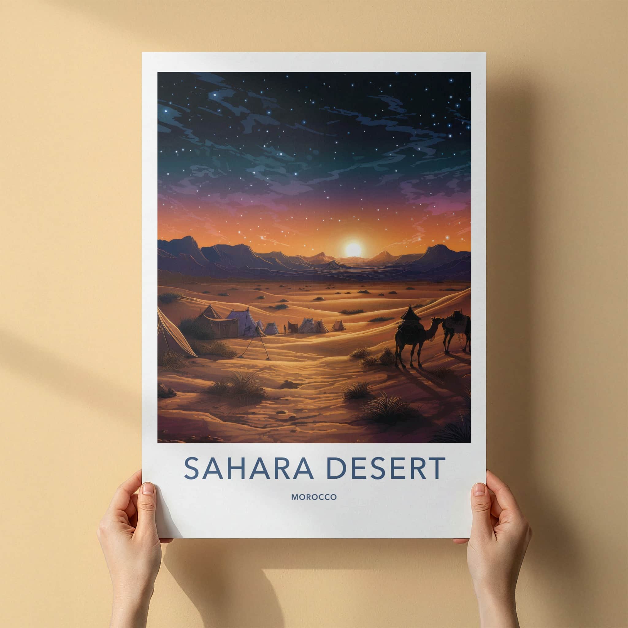 Sahara Desert Poster - Morocco Travel Art - Desert Sunset Camels Home Decor