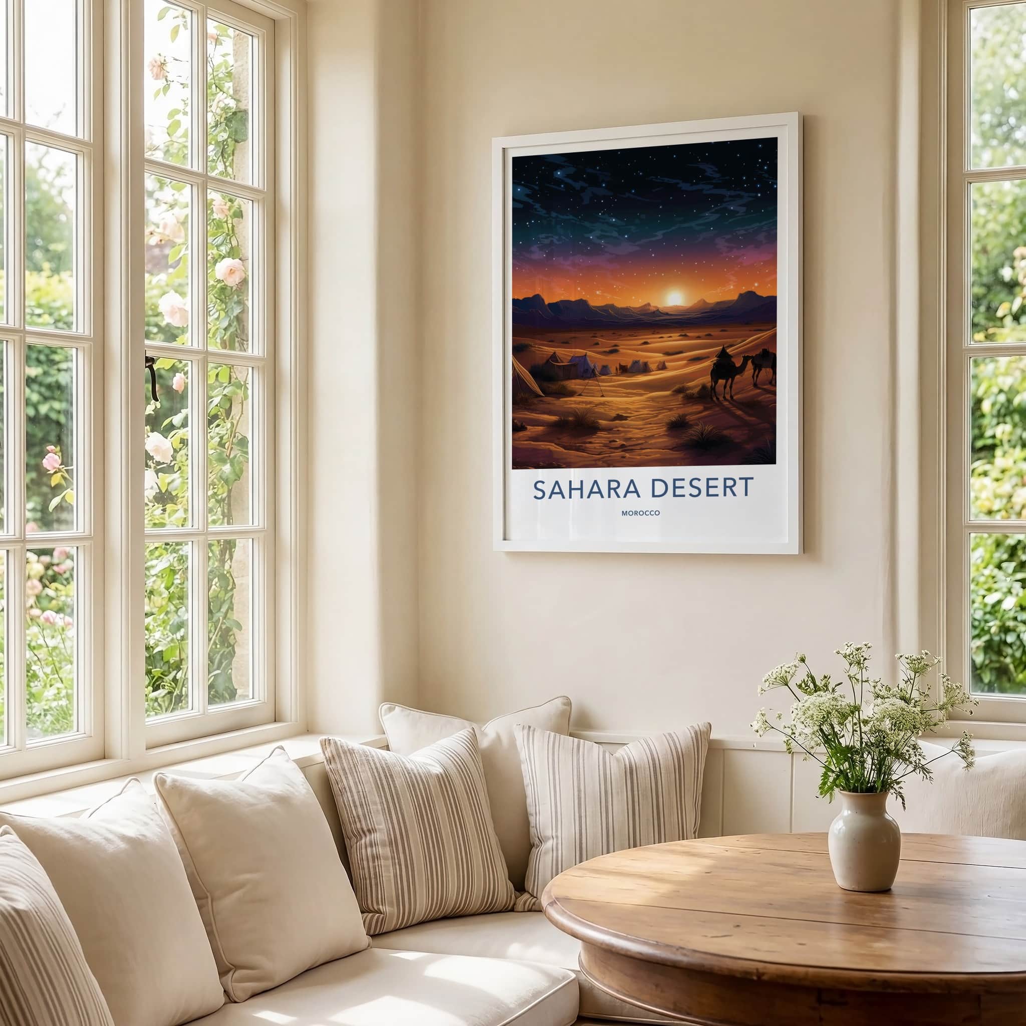 Sahara Desert Poster - Morocco Travel Art - Desert Sunset Camels Home Decor