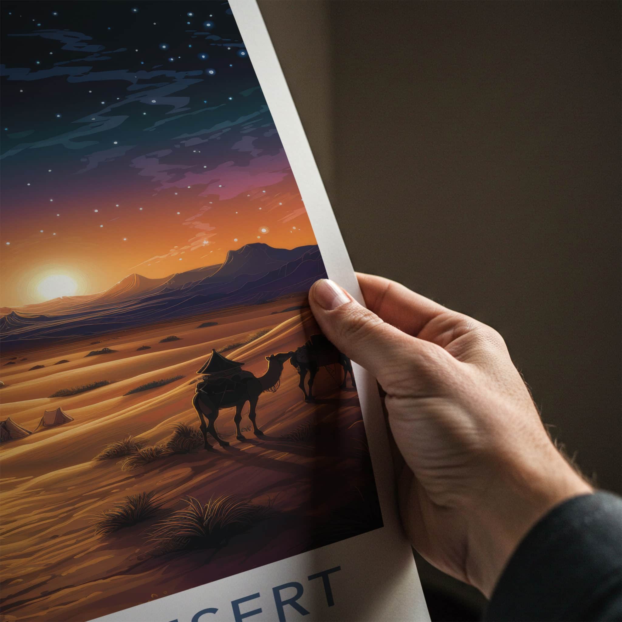 Sahara Desert Poster - Morocco Travel Art - Desert Sunset Camels Home Decor