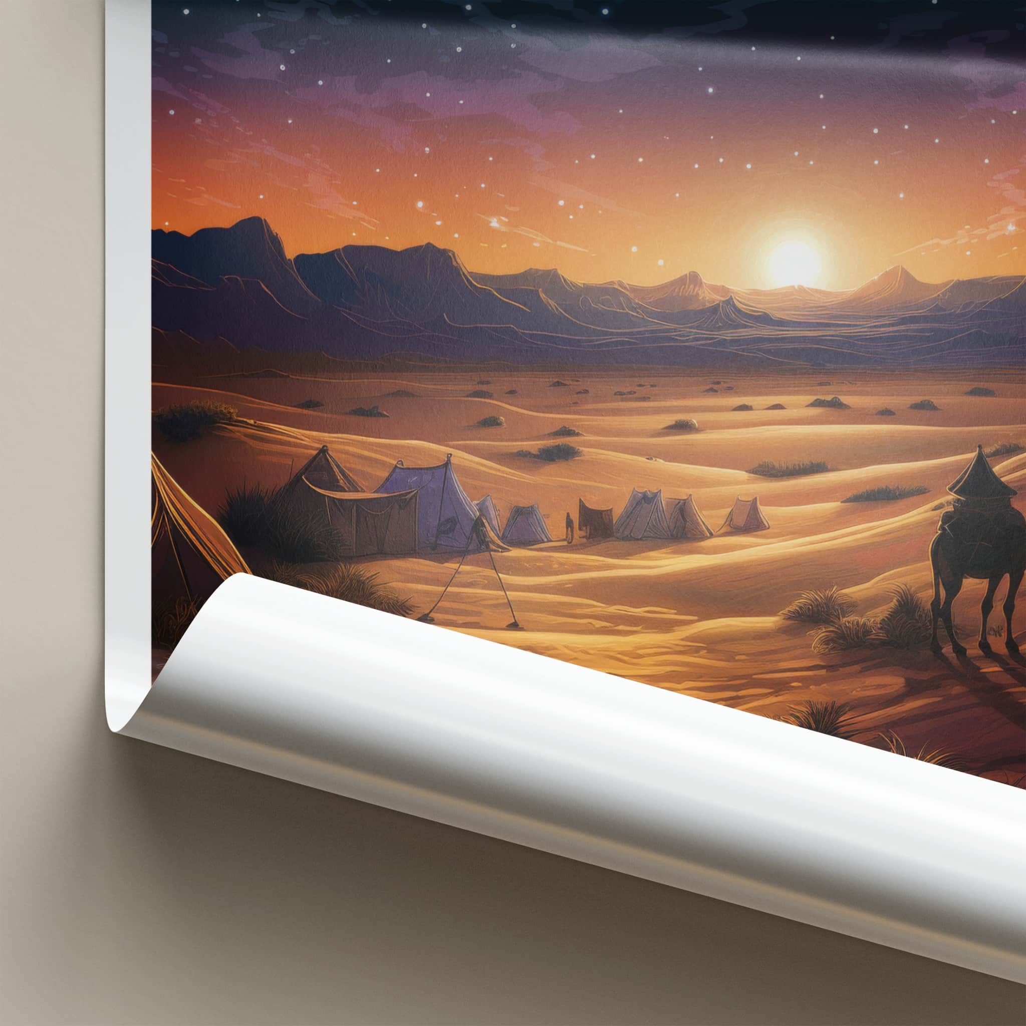 Sahara Desert Poster - Morocco Travel Art - Desert Sunset Camels Home Decor