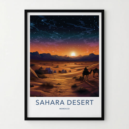 Sahara Desert Poster - Morocco Travel Art - Desert Sunset Camels Home Decor