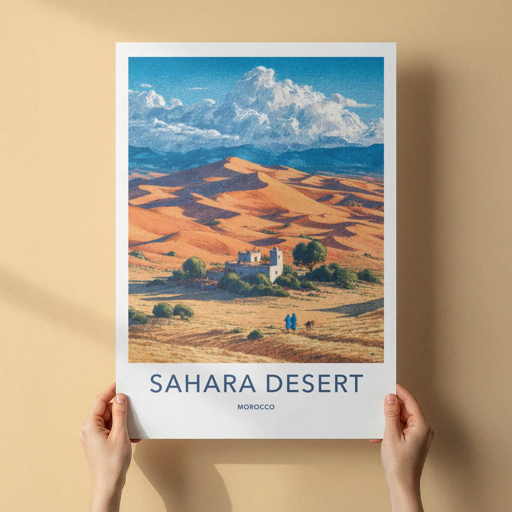Sahara Desert Poster - Morocco Travel Art - Desert Village Scene Home Decor