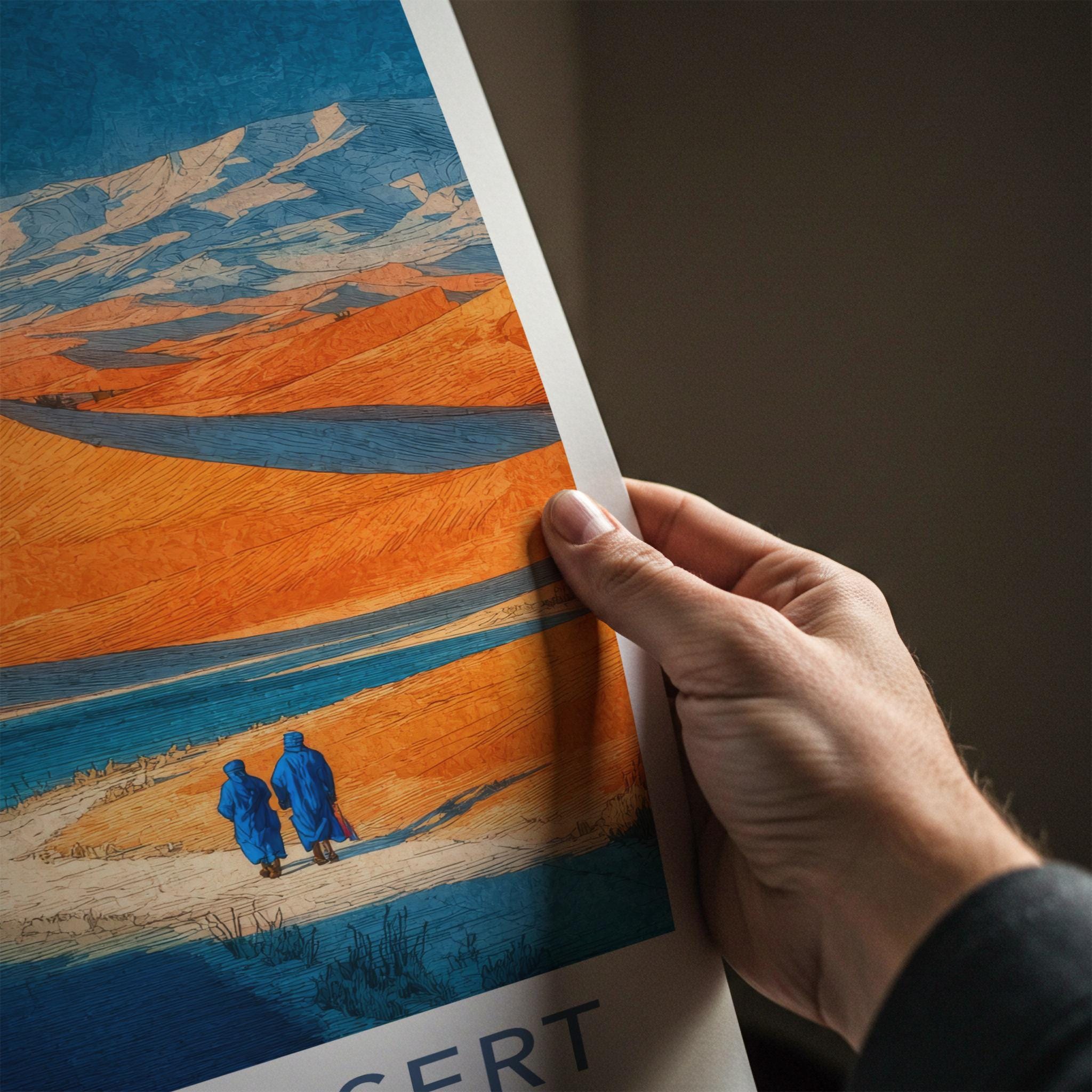 Sahara Desert Poster - Morocco Travel Art - Figures Desert Path Wall Decor