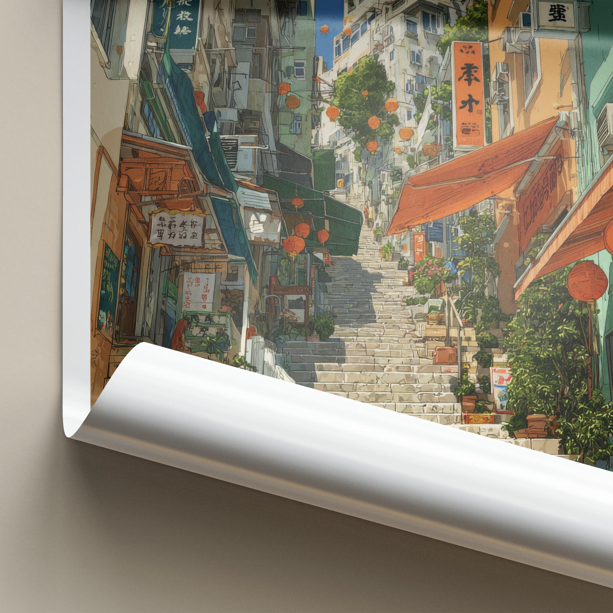 Sai Ying Pun Poster - Hong Kong Travel Art - Steep Street Staircase Home Decor