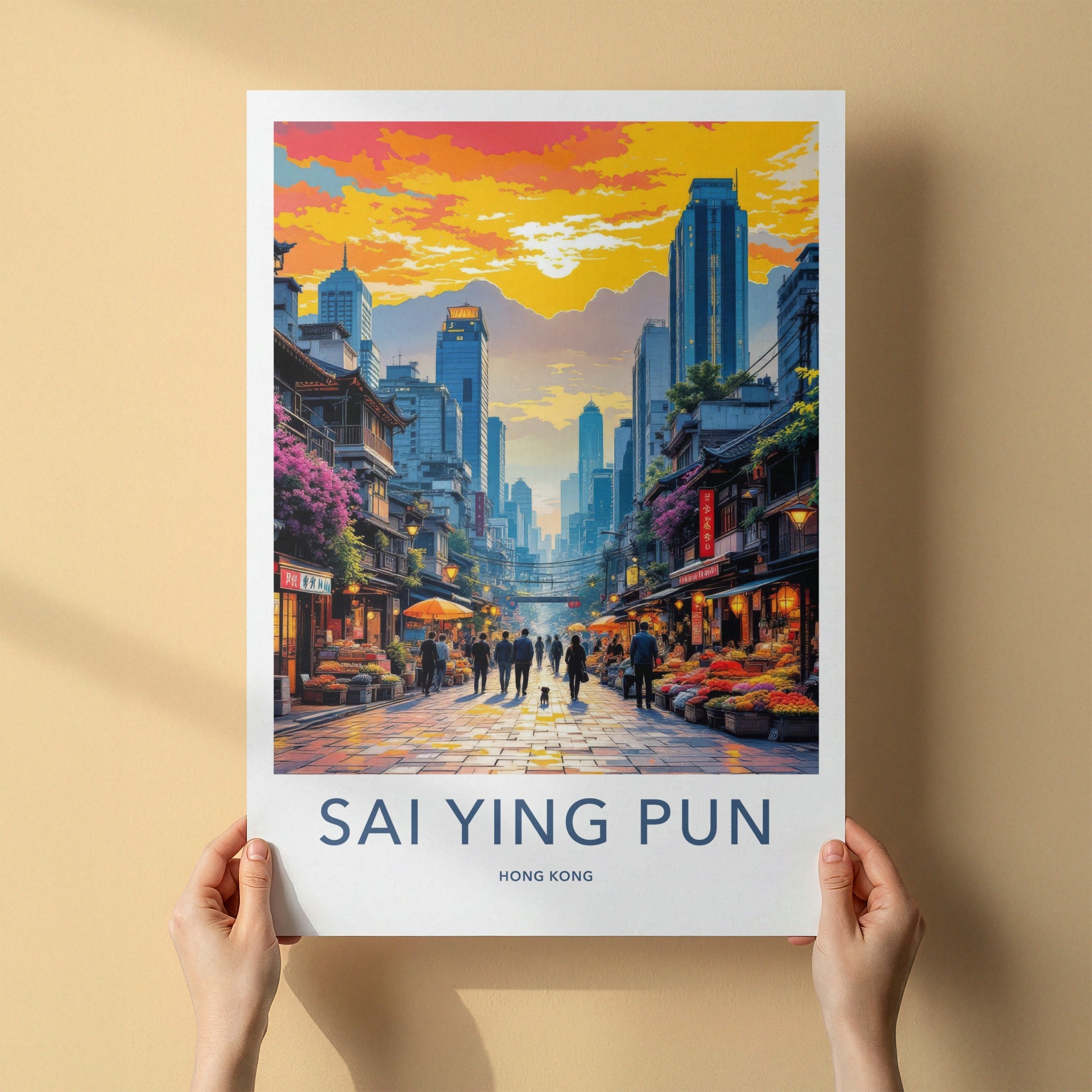 Sai Ying Pun Poster - Hong Kong Travel Art - Vibrant Market Asia Wall Decor