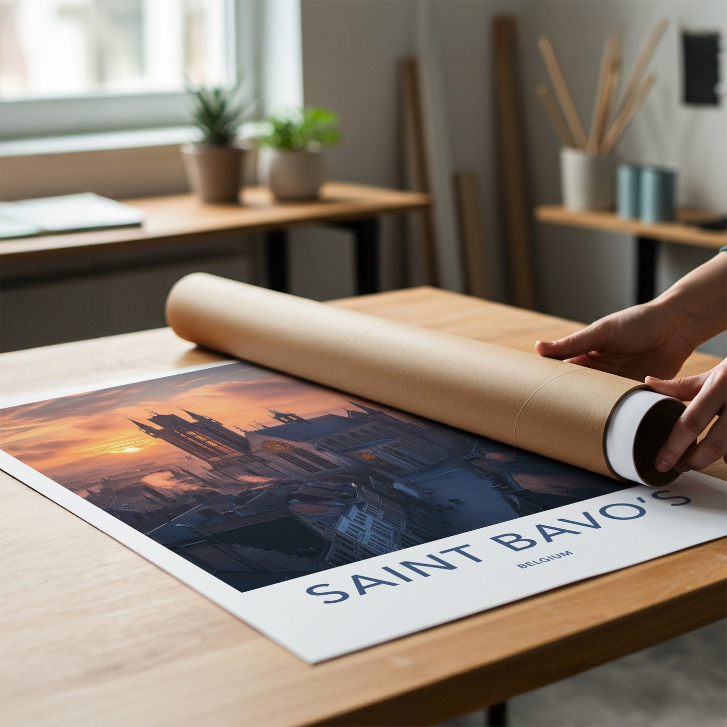 Saint Bavo's Poster - Belgium Travel Art - Gothic Cathedral Glow Home Decor