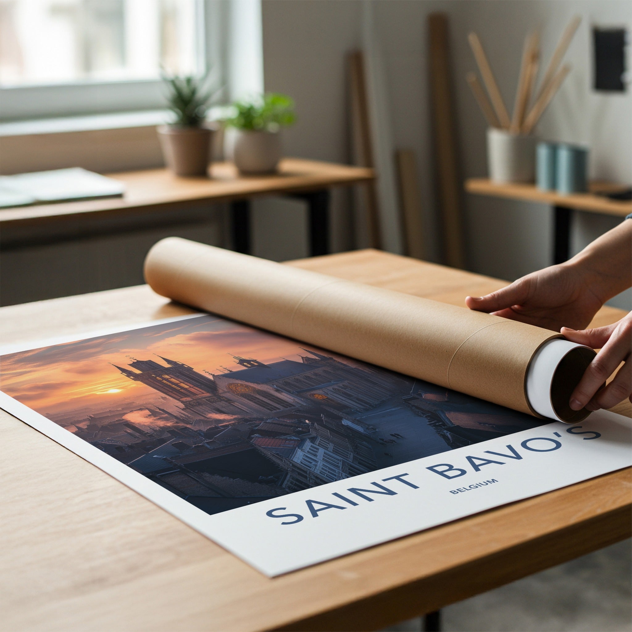 Saint Bavo's Poster - Belgium Travel Art - Gothic Cathedral Glow Home Decor