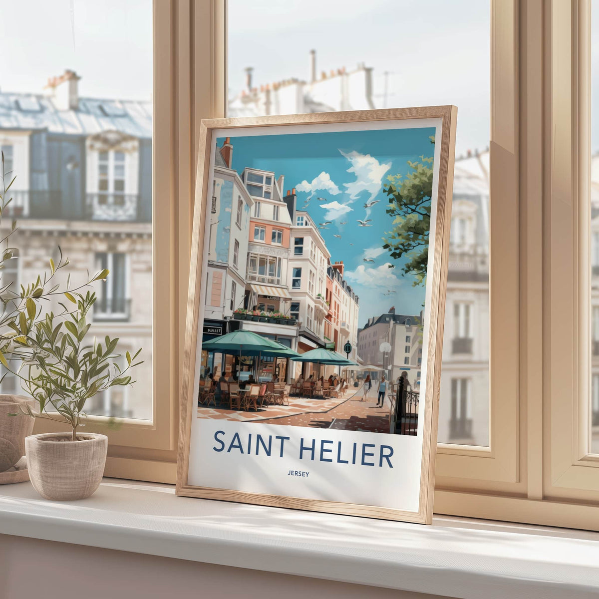 Saint Helier Poster - Jersey Travel Art - Sunny Cafe Street Home Decor