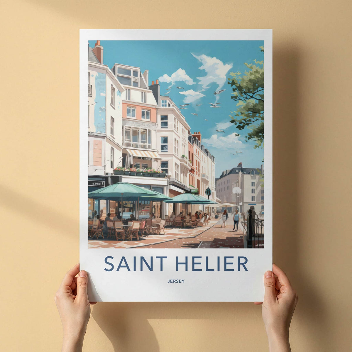Saint Helier Poster - Jersey Travel Art - Sunny Cafe Street Home Decor