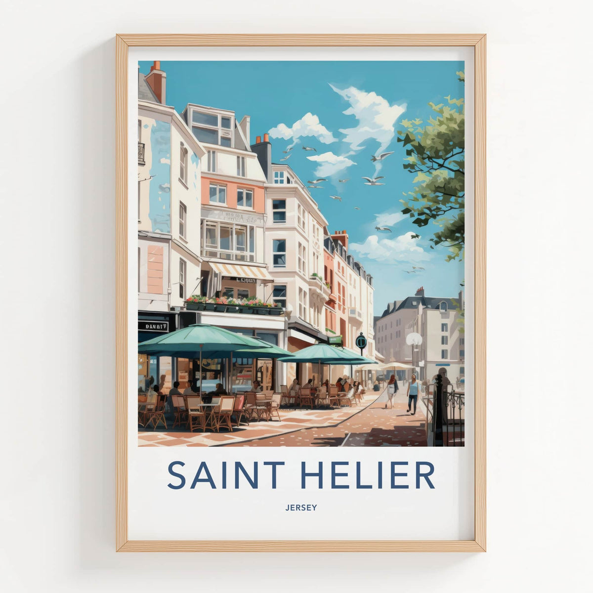 Saint Helier Poster - Jersey Travel Art - Sunny Cafe Street Home Decor