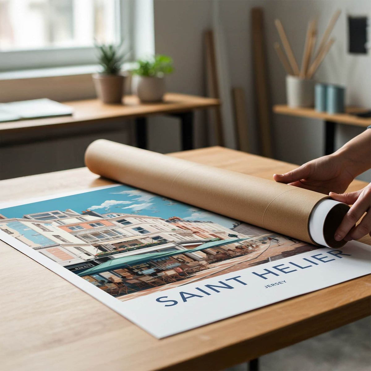 Saint Helier Poster - Jersey Travel Art - Sunny Cafe Street Home Decor