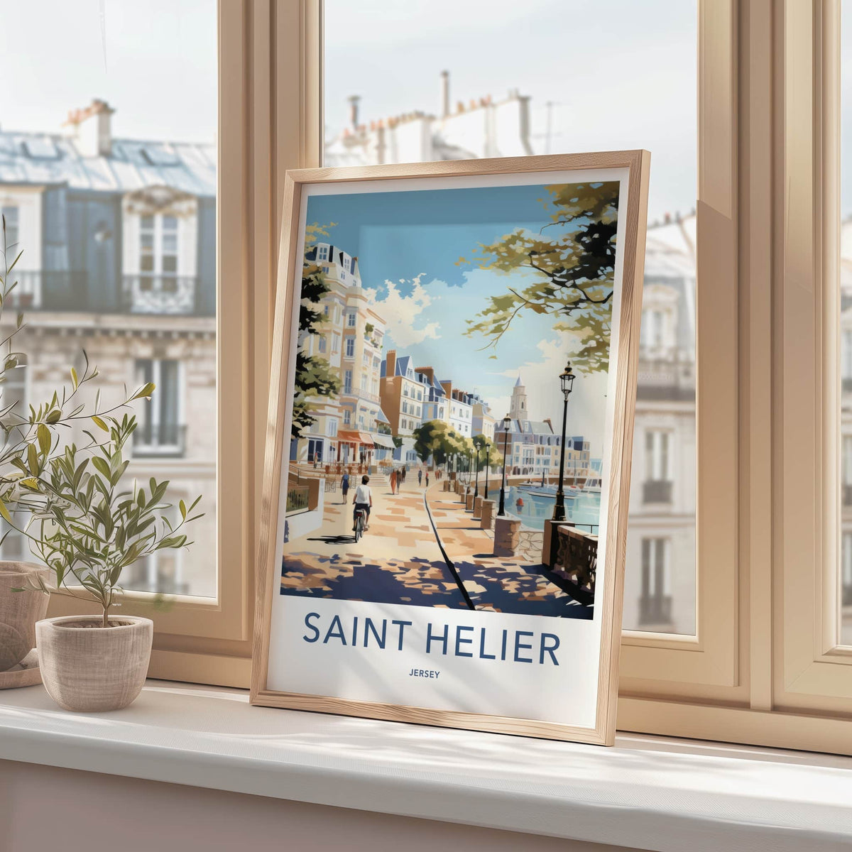 Saint Helier Poster - Jersey Travel Art - Waterfront Promenade Scene Home Decor