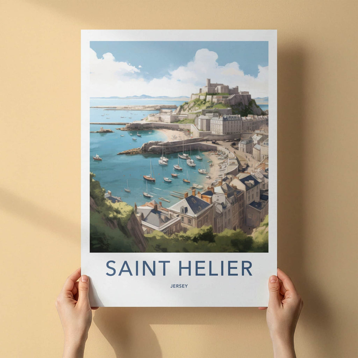 SAINT HELIER Poster - JERSEY Travel Print - Coastal Hill Castle Wall Decor