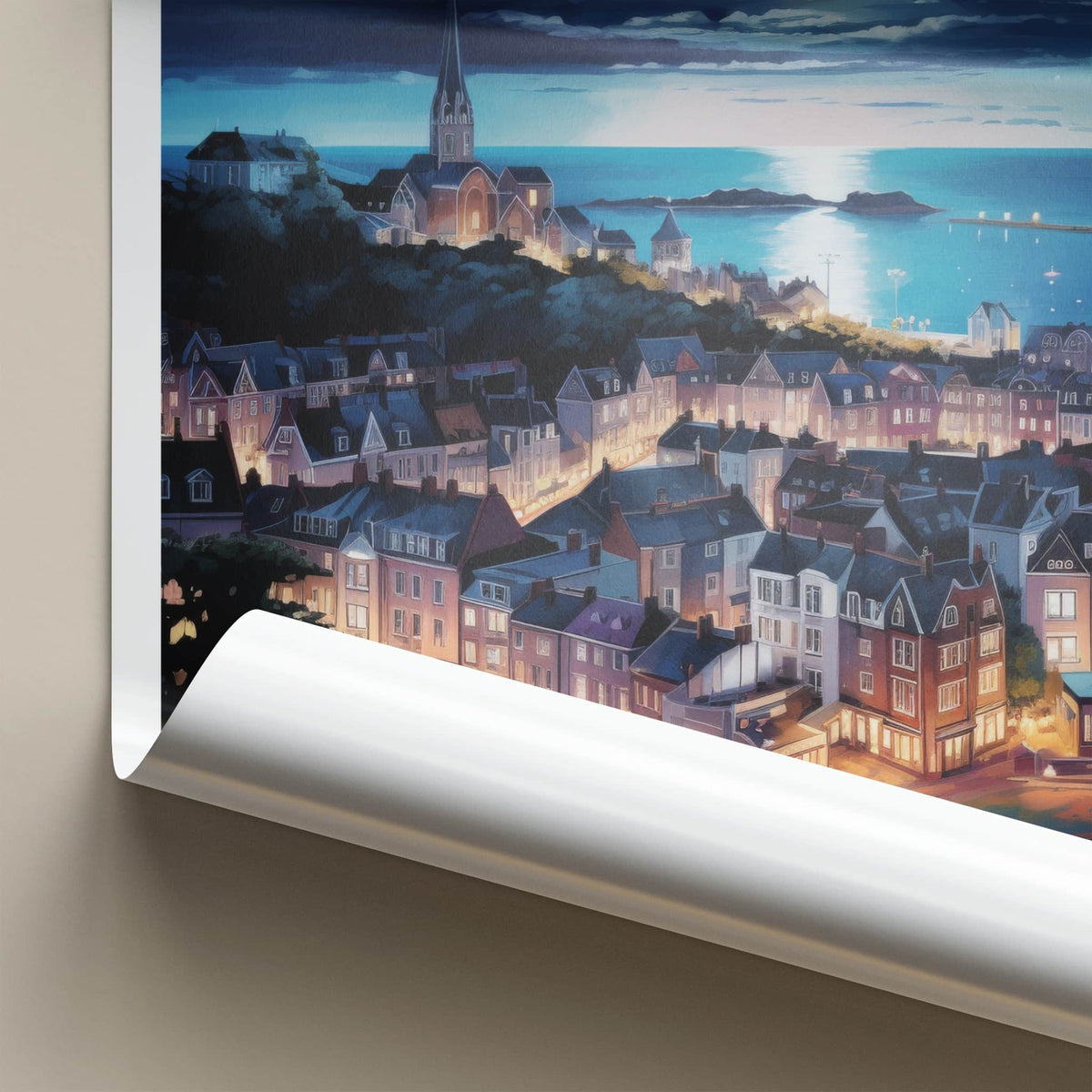 Saint Helier Poster - Jersey Wall Art - Moonlit Seaside Town Home Decor