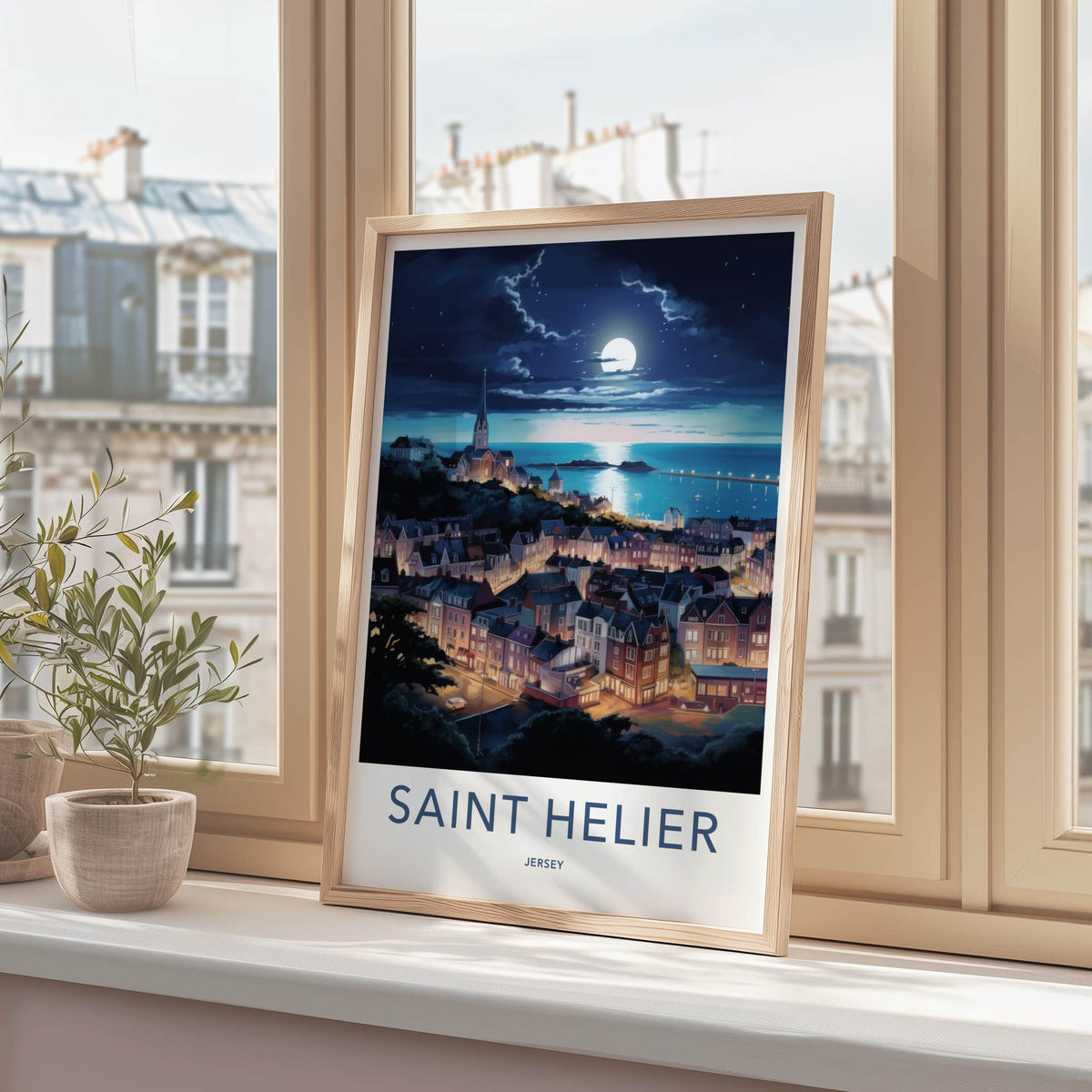 Saint Helier Poster - Jersey Wall Art - Moonlit Seaside Town Home Decor