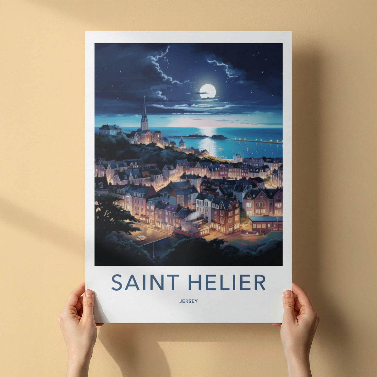 Saint Helier Poster - Jersey Wall Art - Moonlit Seaside Town Home Decor