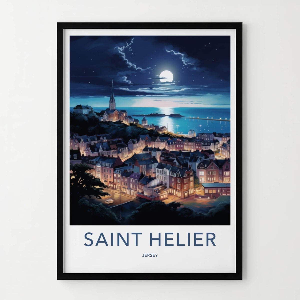 Saint Helier Poster - Jersey Wall Art - Moonlit Seaside Town Home Decor