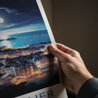 Saint Helier Poster - Jersey Wall Art - Moonlit Seaside Town Home Decor