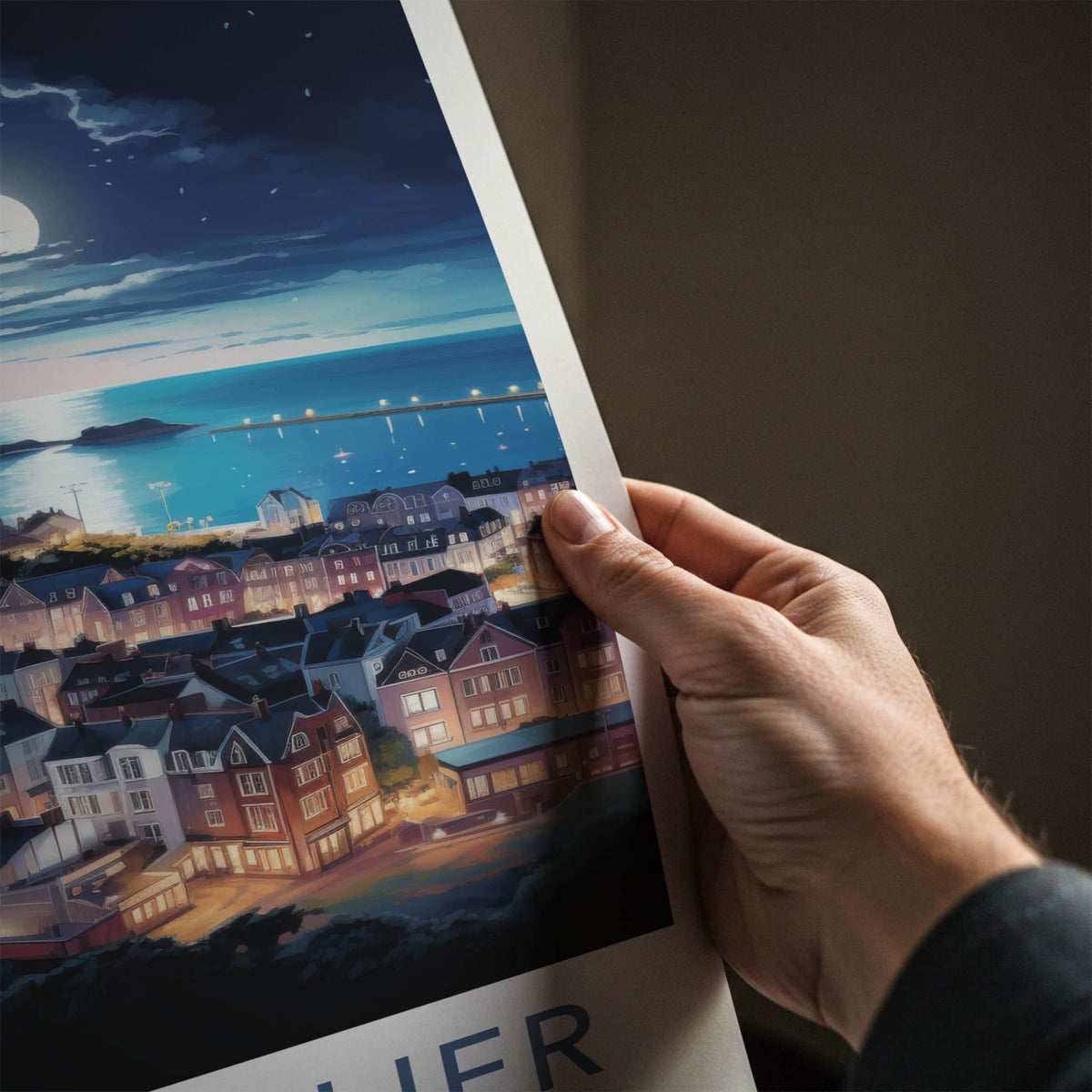 Saint Helier Poster - Jersey Wall Art - Moonlit Seaside Town Home Decor