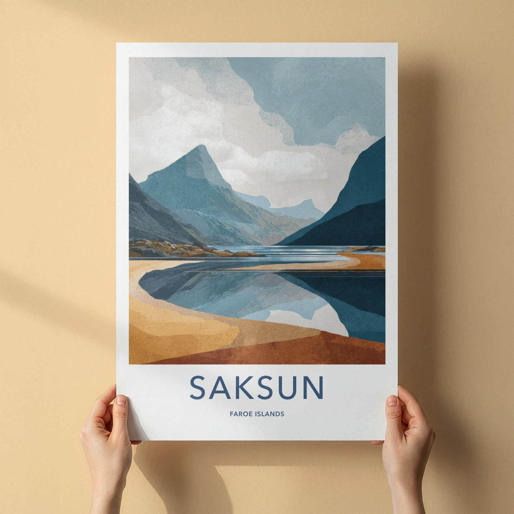 Saksun Poster - Faroe Islands Travel Art - Coastal Mountain Reflection Home Decor
