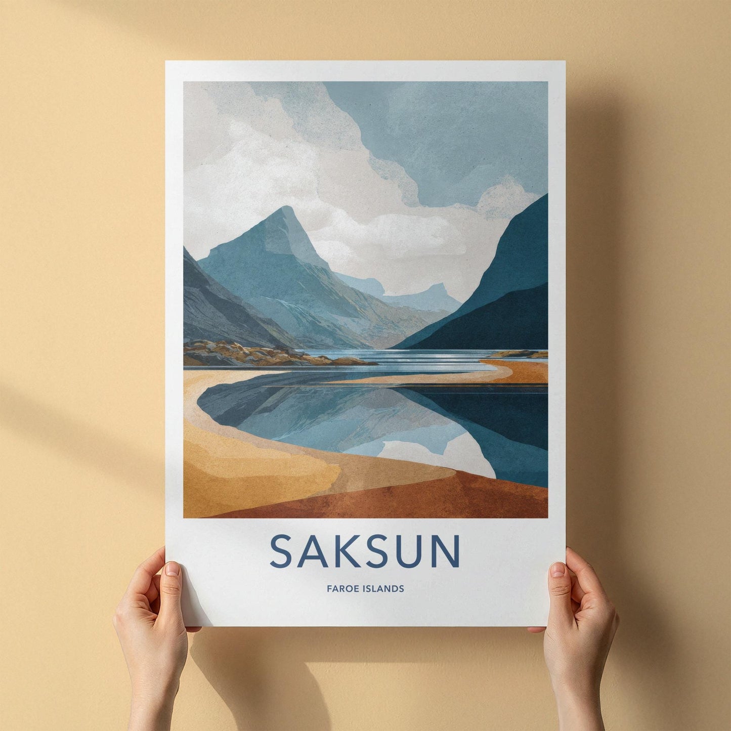 Saksun Poster - Faroe Islands Travel Art - Coastal Mountain Reflection Home Decor