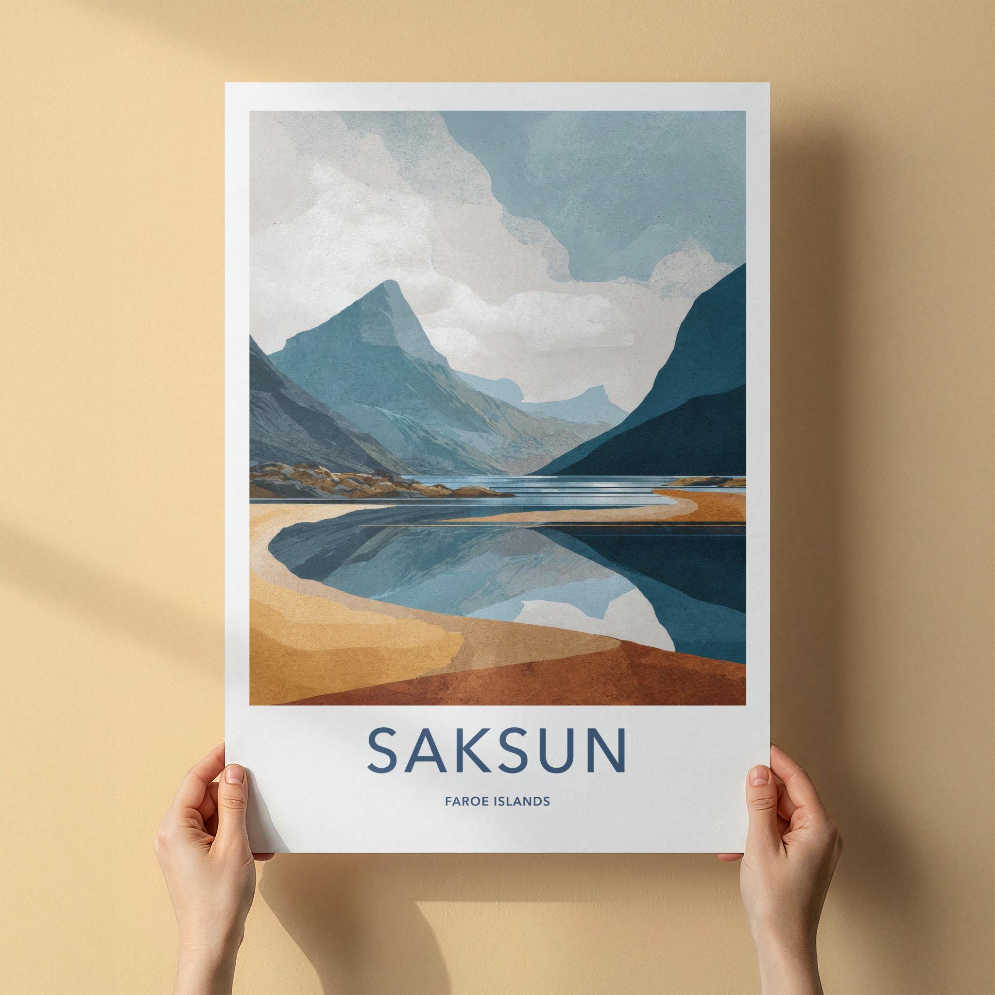 Saksun Poster - Faroe Islands Travel Art - Coastal Mountain Reflection Home Decor