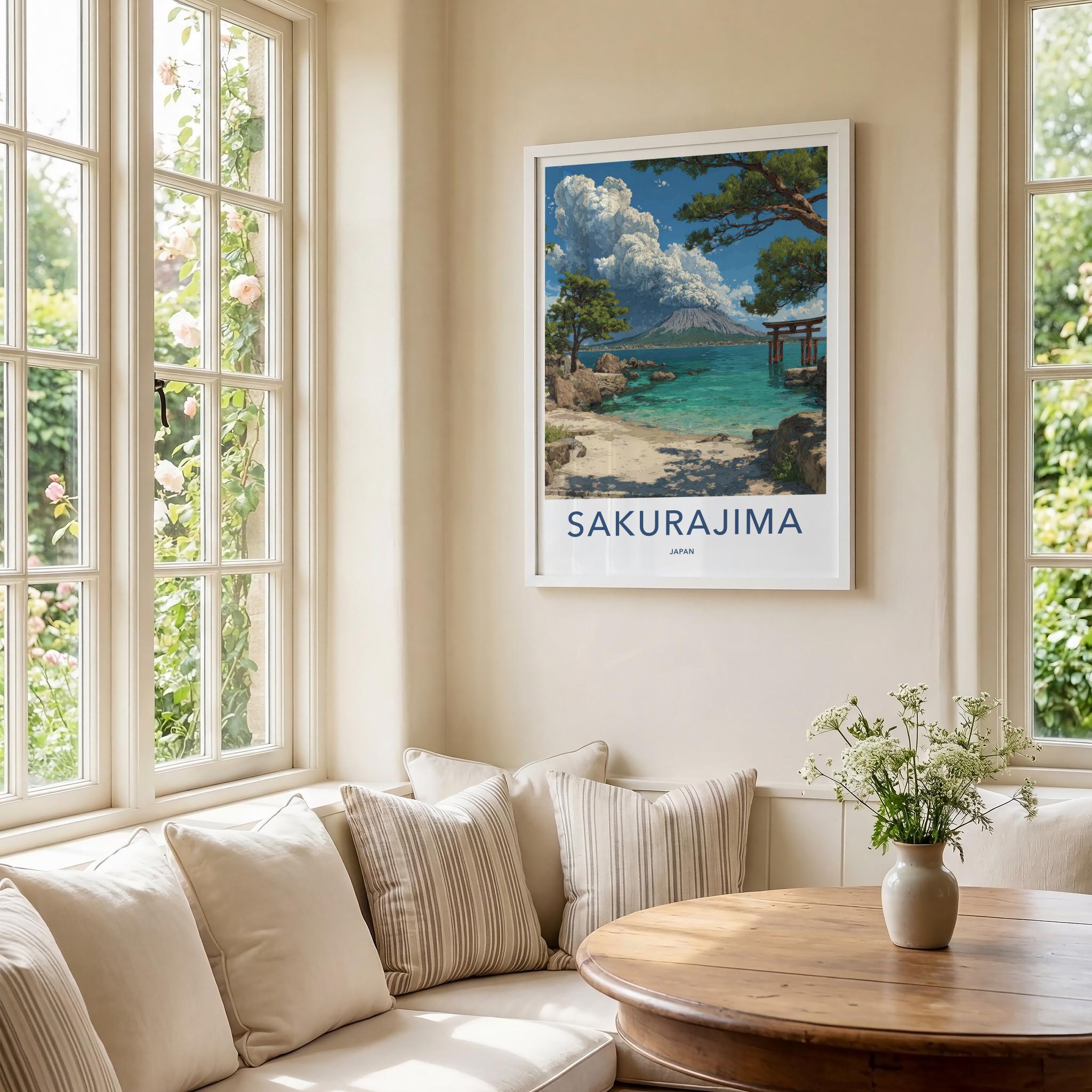 Sakurajima Poster - Japan Framed Print - Volcano Ocean Torii Lounge Decor
