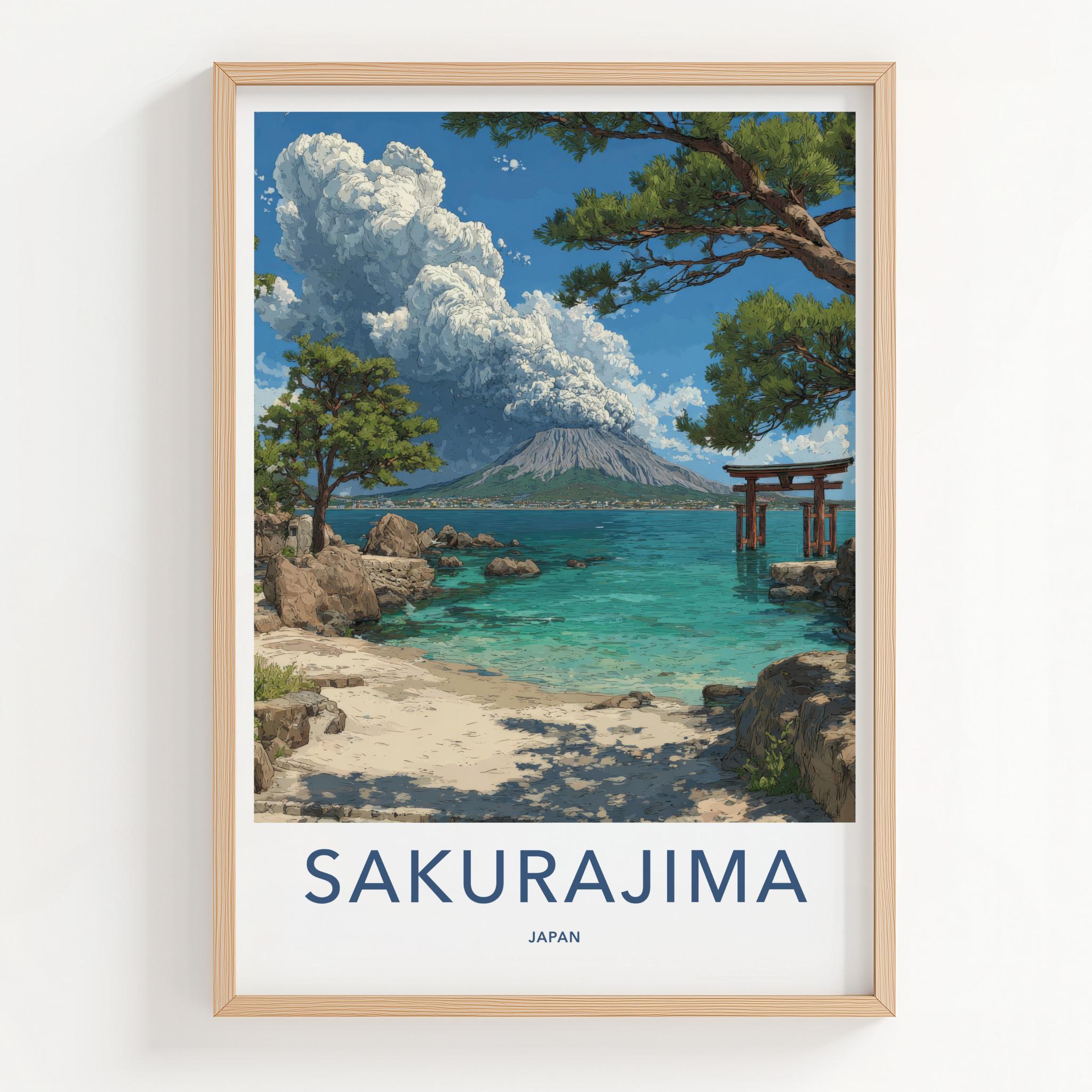 Sakurajima Poster - Japan Framed Print - Volcano Ocean Torii Lounge Decor