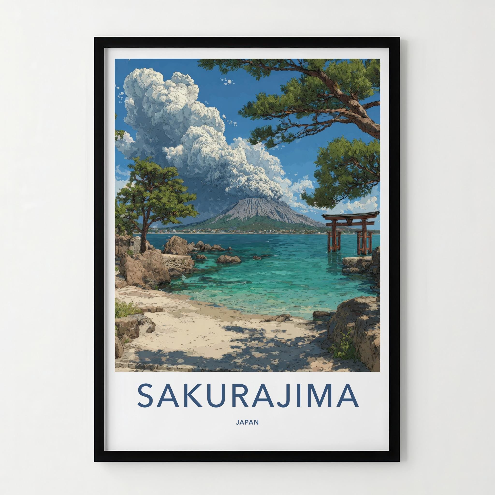 Sakurajima Poster - Japan Framed Print - Volcano Ocean Torii Lounge Decor