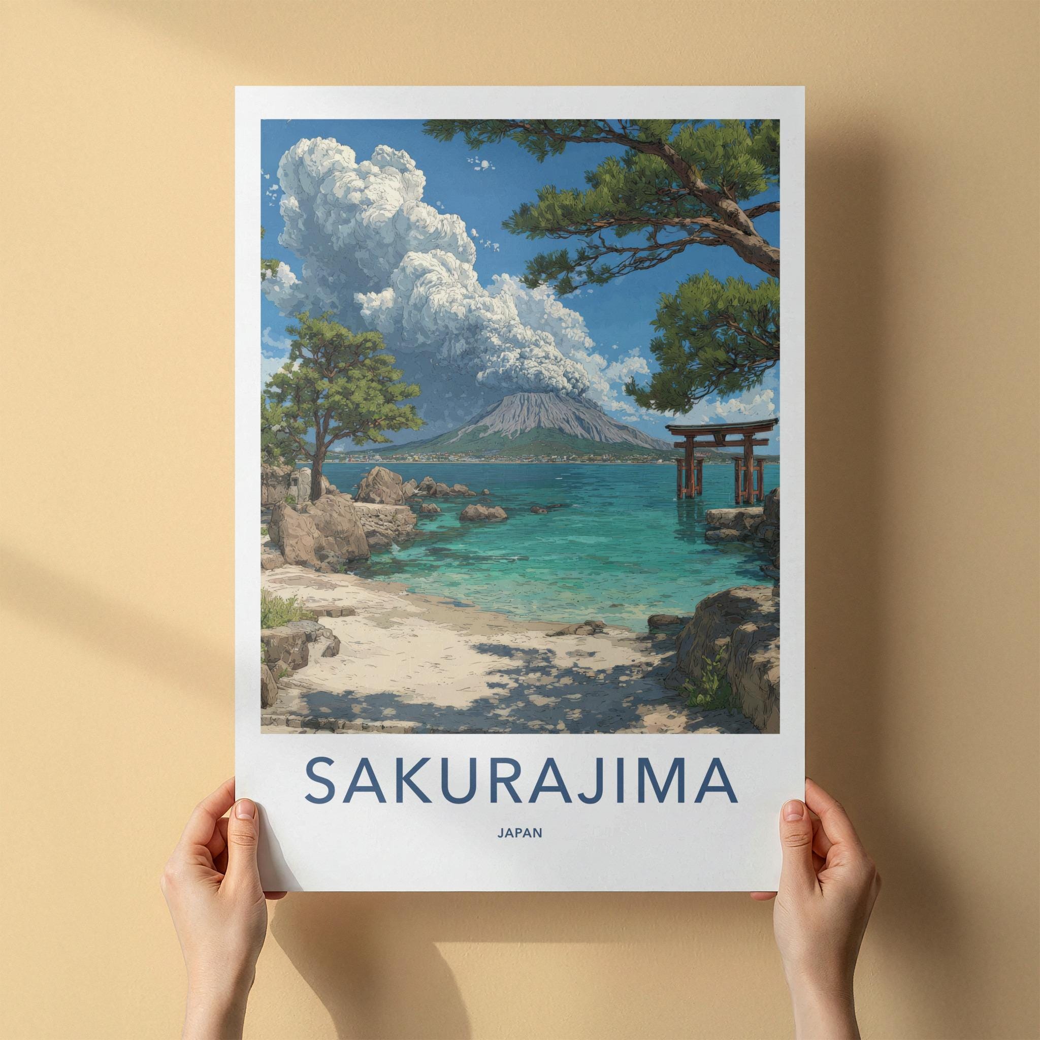 Sakurajima Poster - Japan Framed Print - Volcano Ocean Torii Lounge Decor