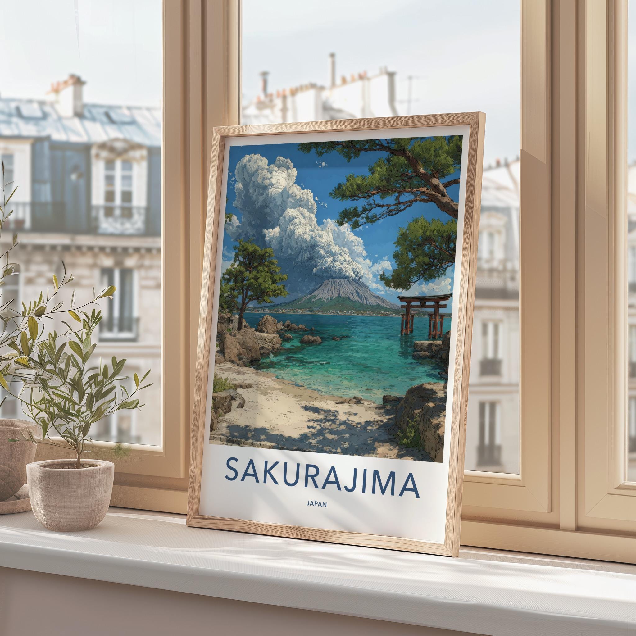 Sakurajima Poster - Japan Framed Print - Volcano Ocean Torii Lounge Decor