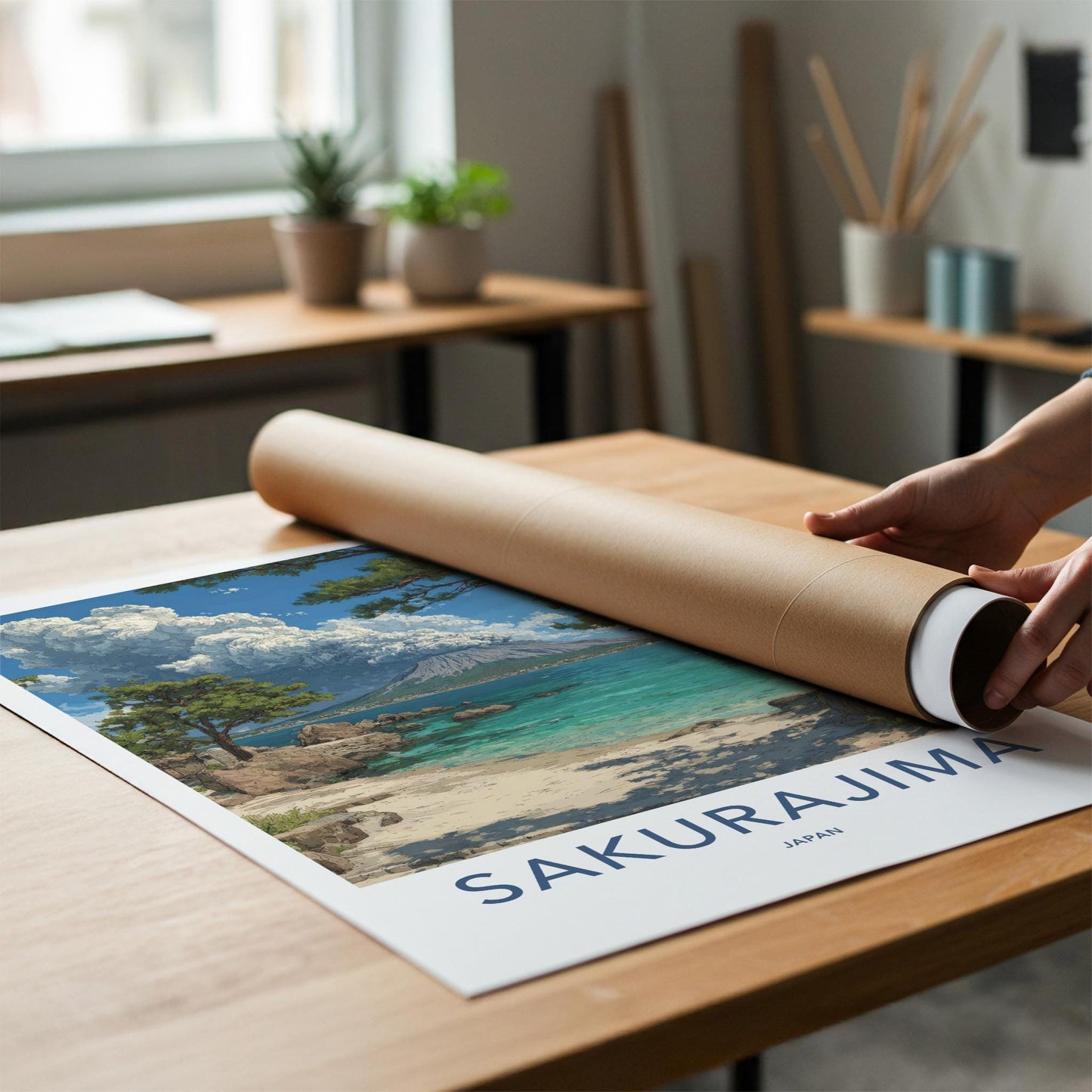 Sakurajima Poster - Japan Framed Print - Volcano Ocean Torii Lounge Decor