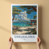 Sakurajima Poster - Japan Travel Art - Volcano Torii Beach Wall Decor