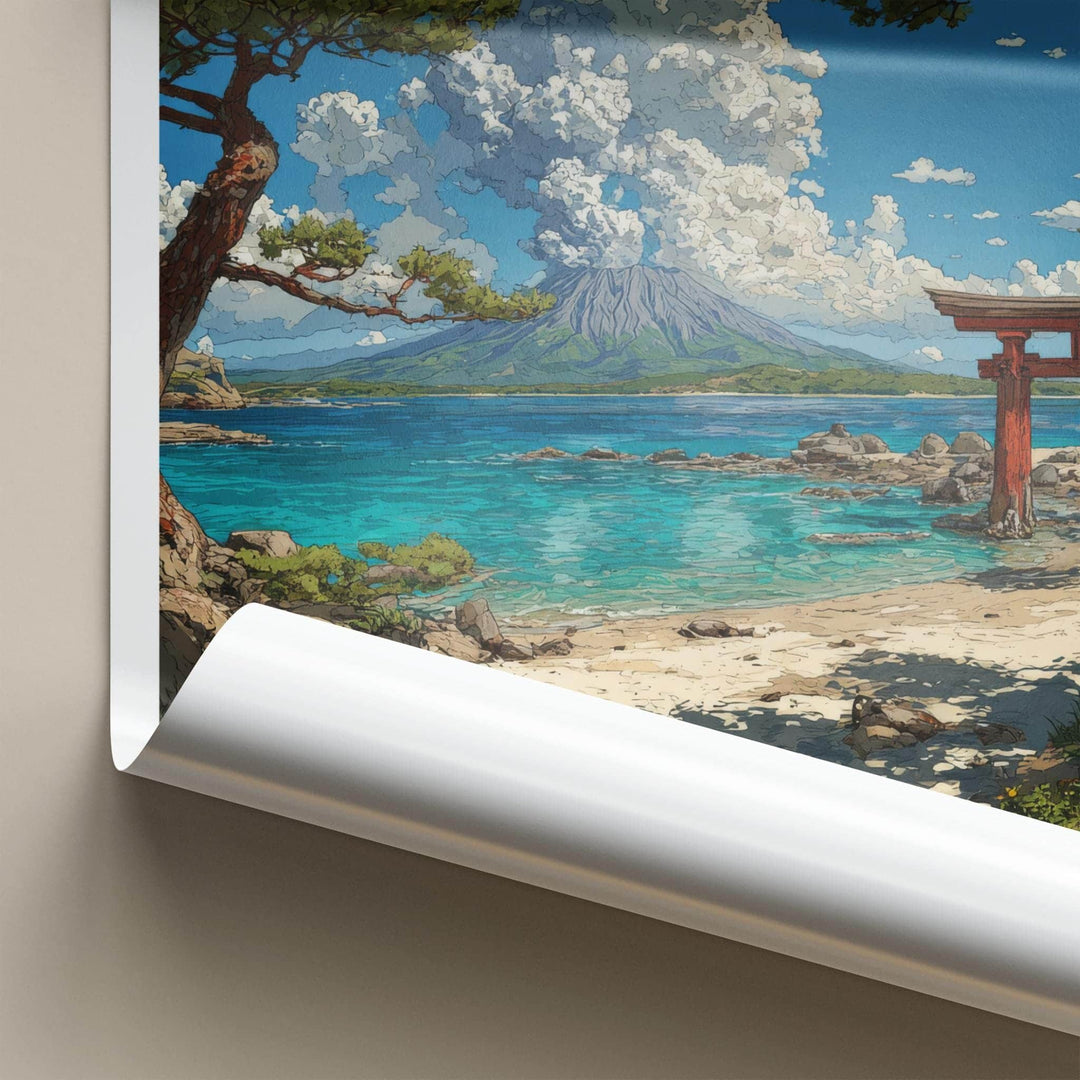 Sakurajima Poster - Japan Travel Art - Volcano Torii Beach Wall Decor