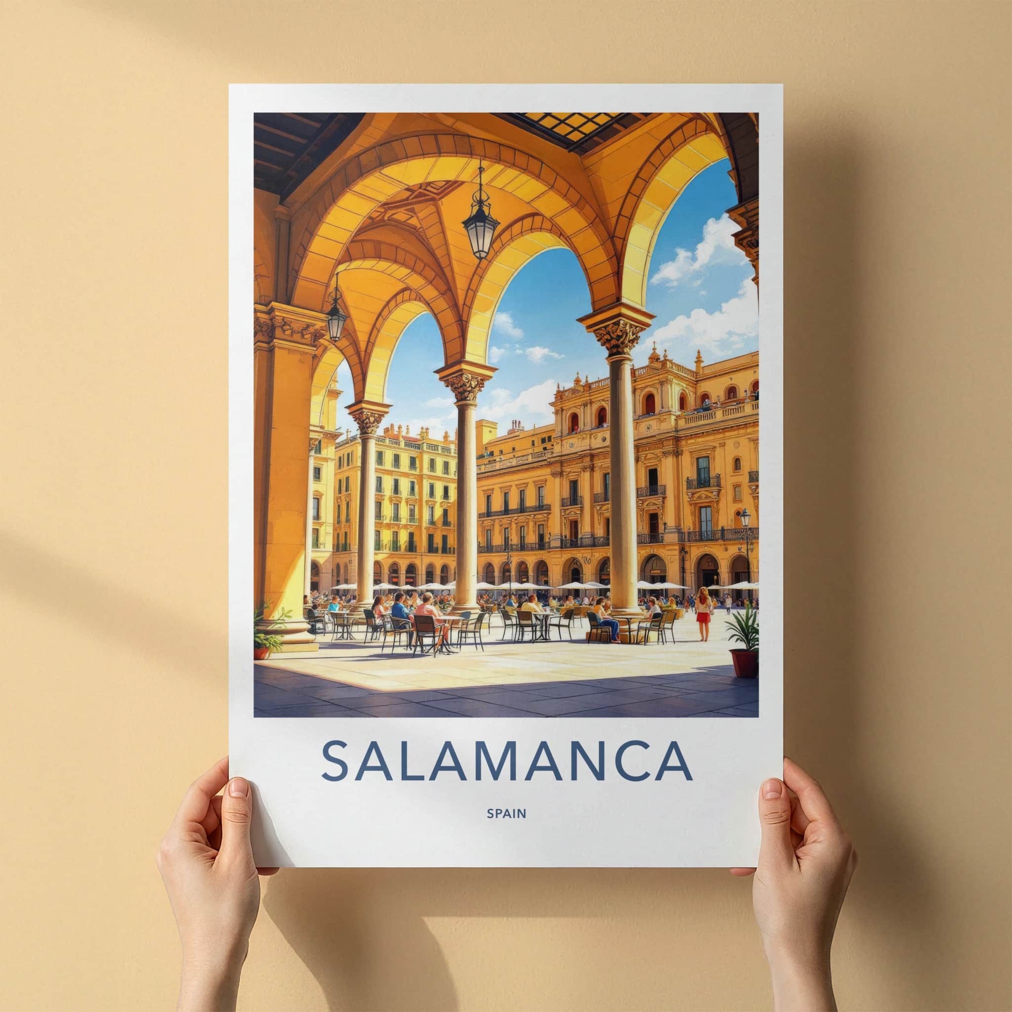 Salamanca Poster - Spain Travel Art - Arched Plaza Cafe Home Decor