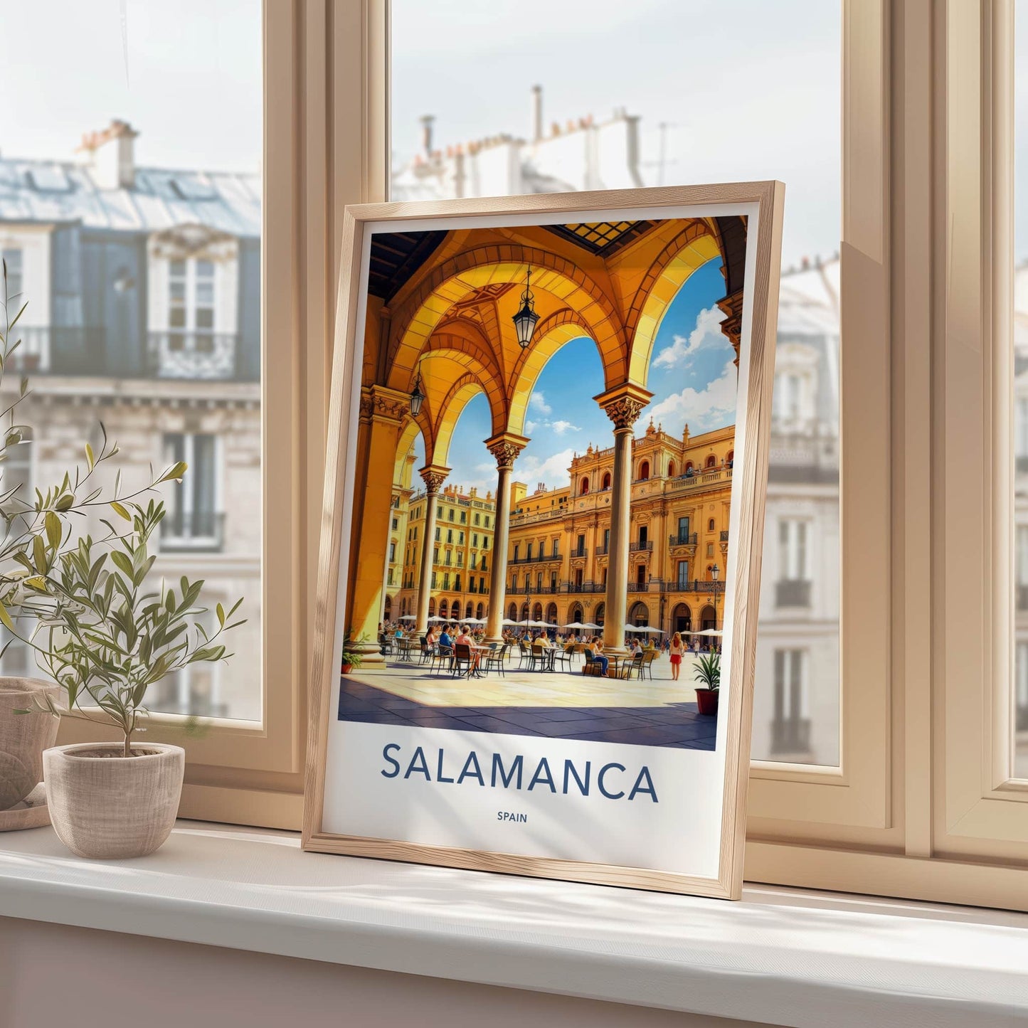 Salamanca Poster - Spain Travel Art - Arched Plaza Cafe Home Decor