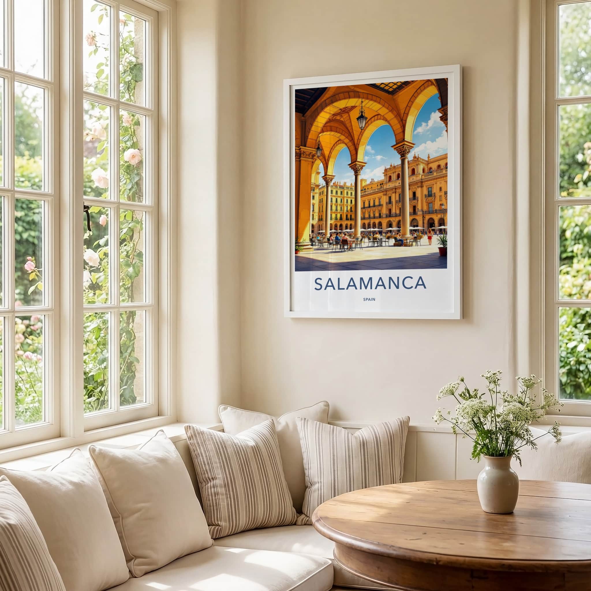 Salamanca Poster - Spain Travel Art - Arched Plaza Cafe Home Decor