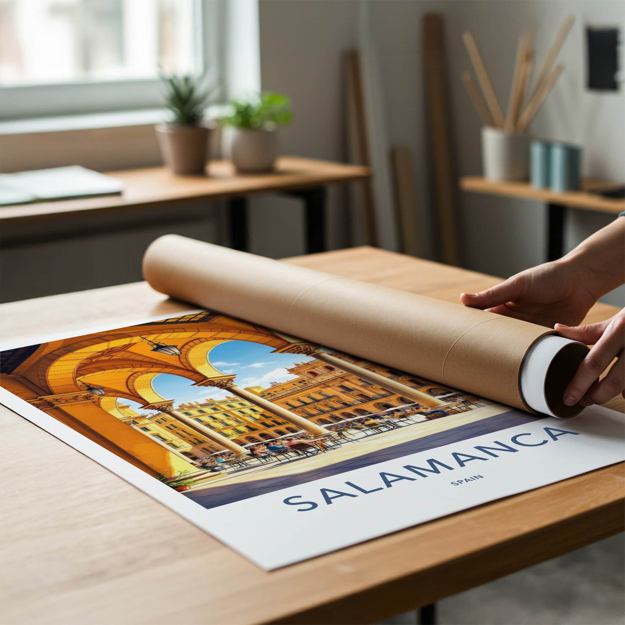 Salamanca Poster - Spain Travel Art - Arched Plaza Cafe Home Decor