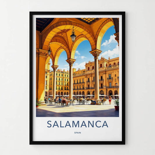 Salamanca Poster - Spain Travel Art - Arched Plaza Cafe Home Decor