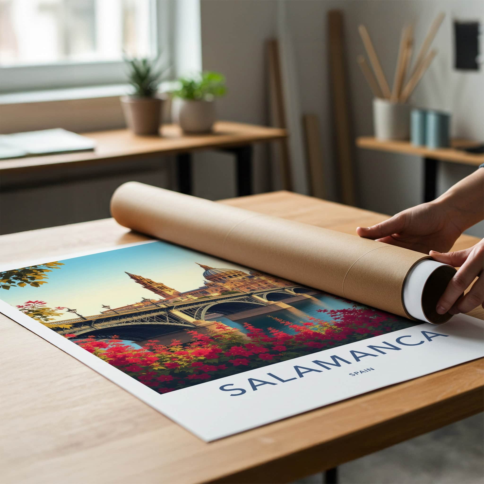 Salamanca Poster - Spain Travel Art - Historic Bridge Cathedral Home Decor