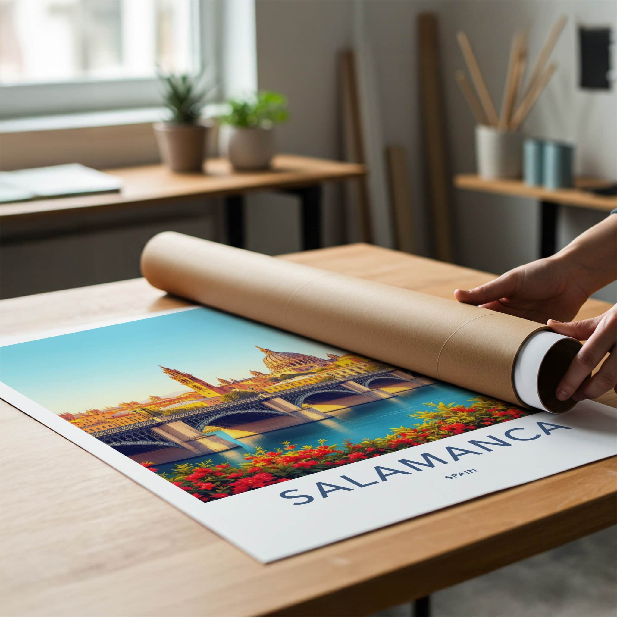 Salamanca Poster - Spain Travel Art - Historic Bridge Cityscape Home Decor