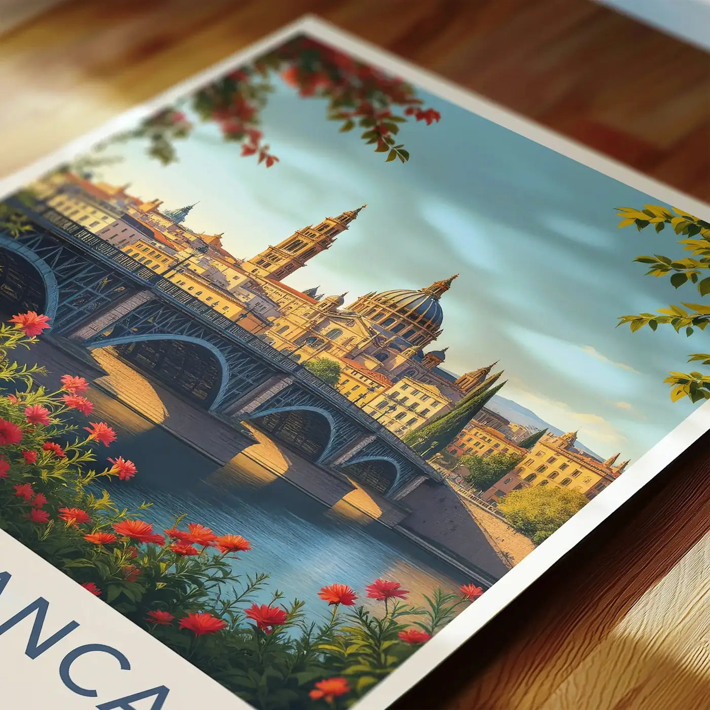 Poster of a Salamanca Spain cityscape with a bridge and flowers on a wooden surface