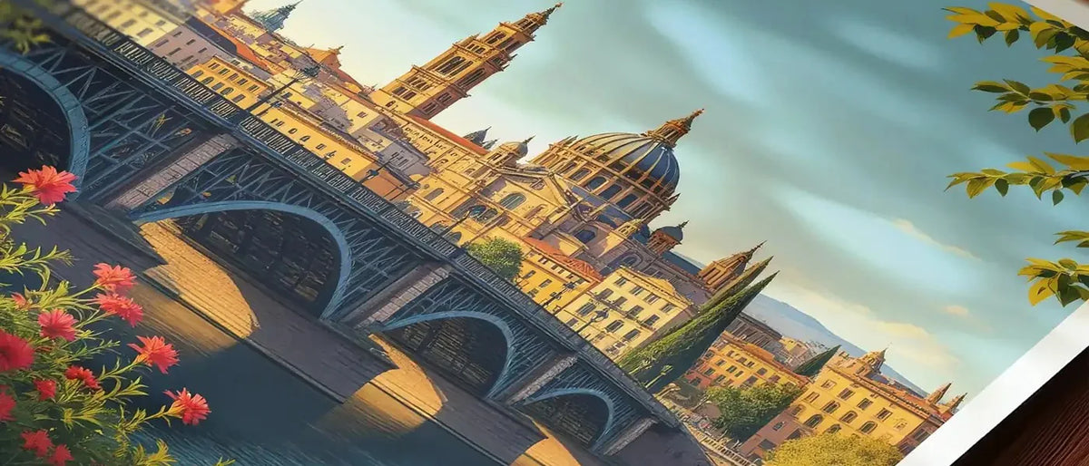 A close-up of a printed artwork or poster showing a cityscape with a large domed cathedral, arched bridge, warm golden buildings, blue sky, and green leaves in the foreground.